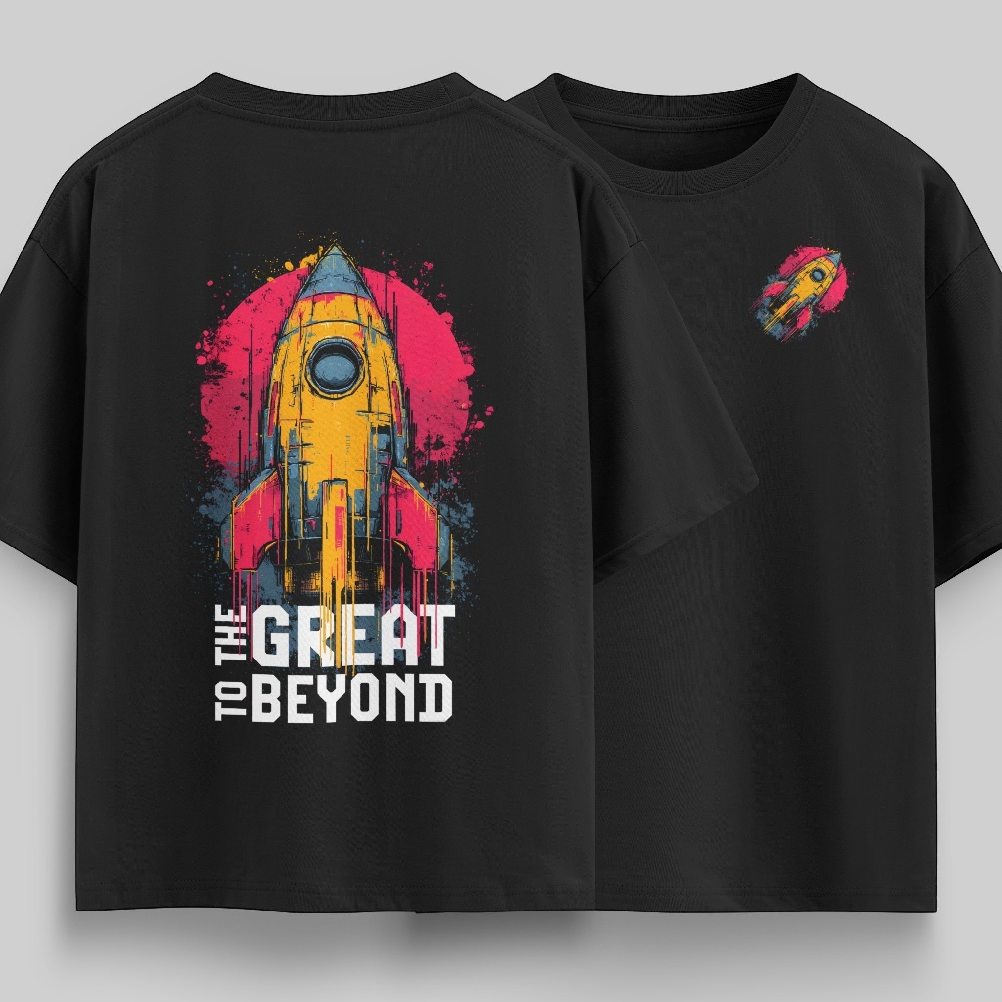 vvicked black cotton oversized t-shirt with artistic rocket graphic print on back and small rocket on chest