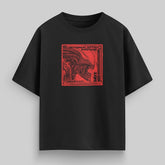 vvicked black oversized cotton t-shirt featuring a red alien stamp graphic on the chest with drop-shoulder fit