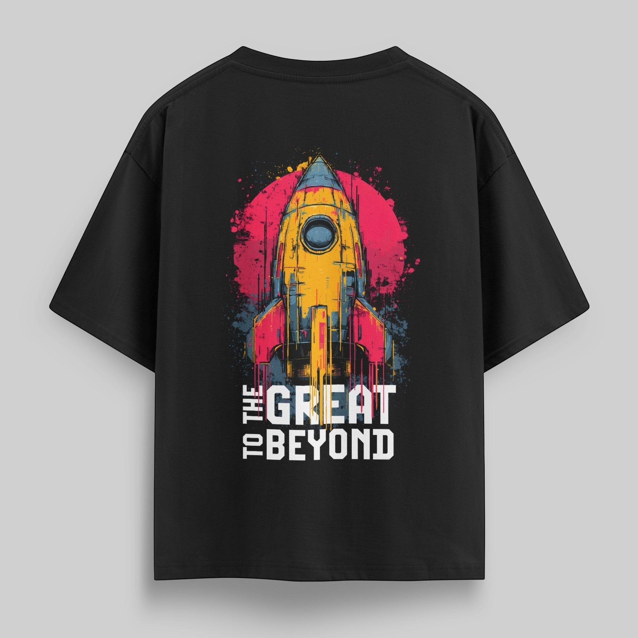 vvicked black oversized cotton t-shirt featuring a vibrant artistic rocket graphic on the back with cosmic text.