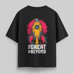 vvicked black oversized cotton t-shirt featuring a vibrant artistic rocket graphic on the back with cosmic text.