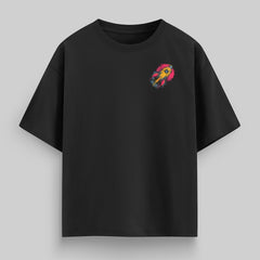 vvicked black oversized cotton t-shirt with a small yellow and pink rocket graphic on the front chest