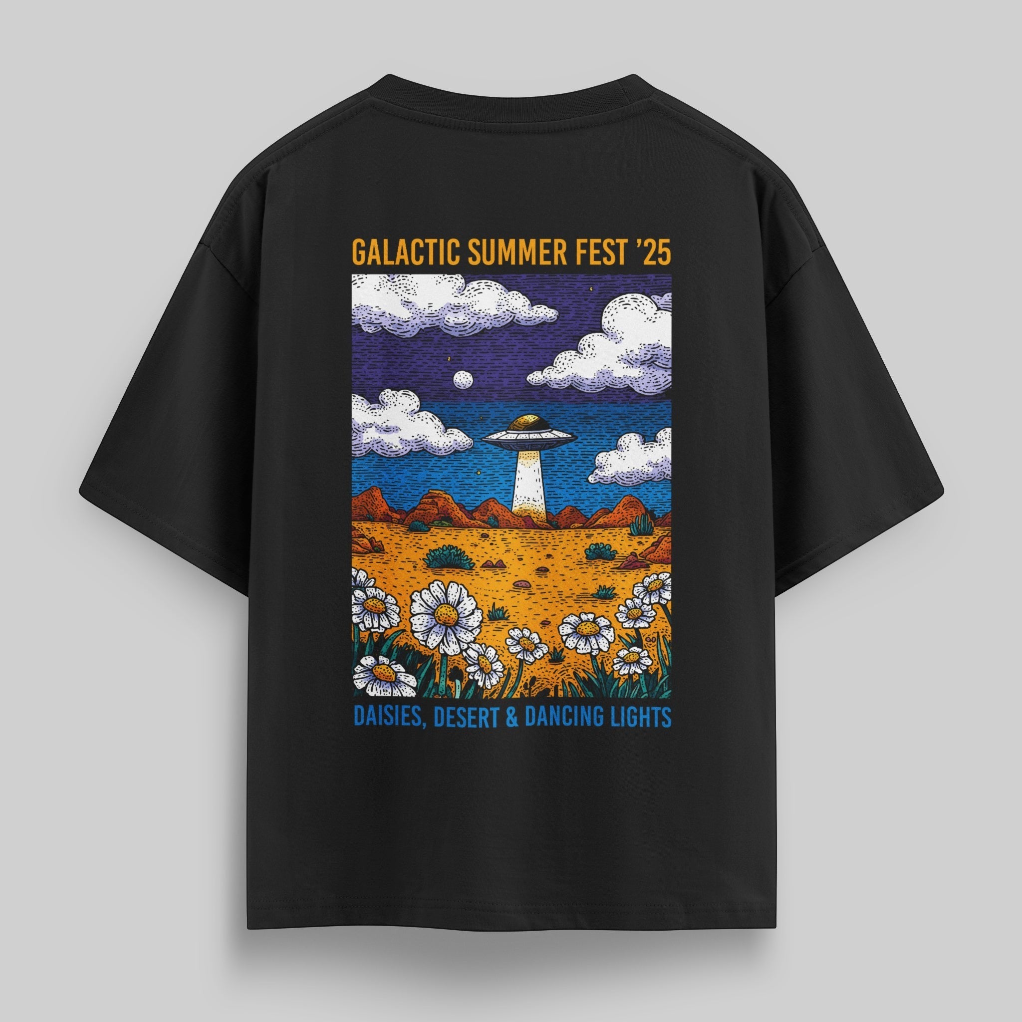 vvicked black oversized t-shirt featuring a vibrant Galactic Summer Fest UFO and desert graphic on the back