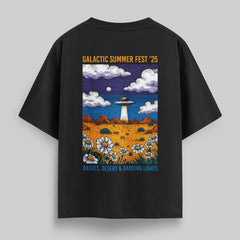 vvicked black oversized t-shirt featuring a vibrant Galactic Summer Fest UFO and desert graphic on the back