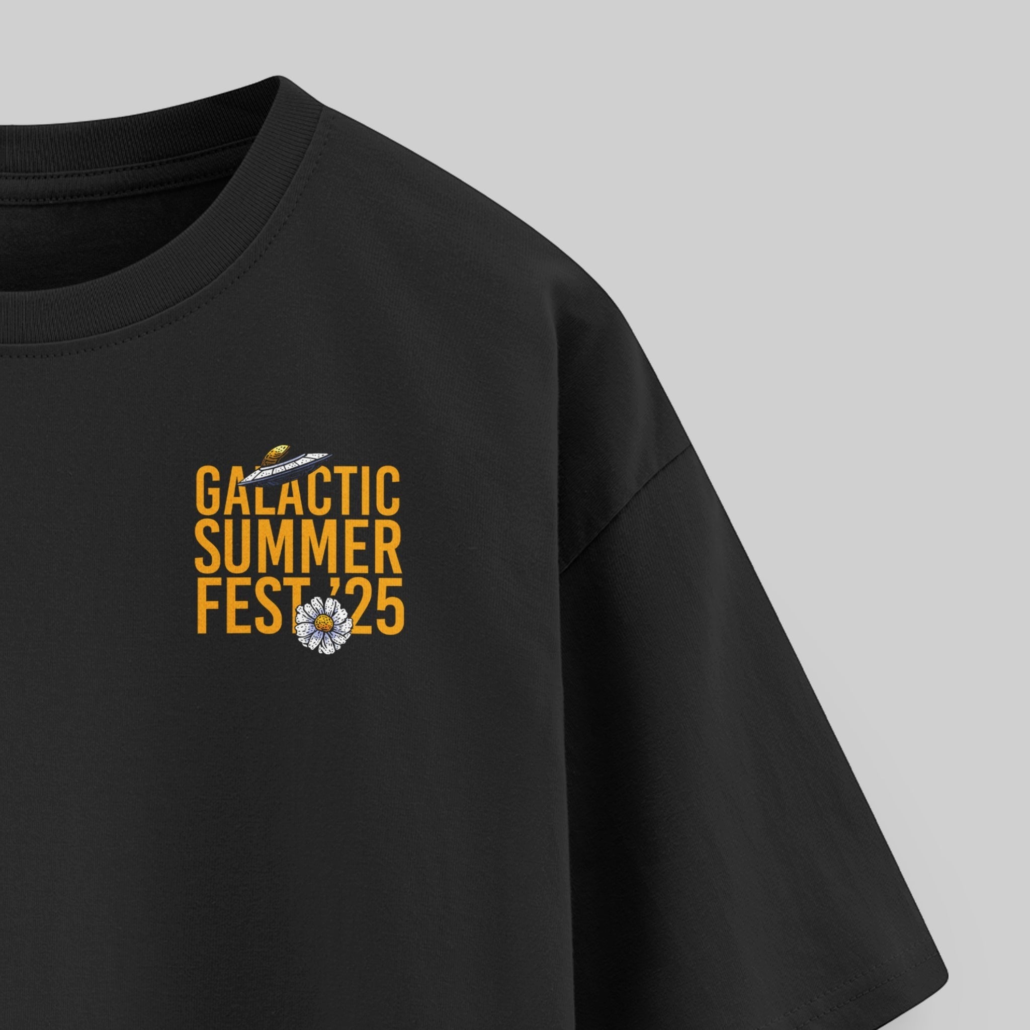 vvicked black oversized cotton t-shirt featuring a small Galactic Summer Fest 25 graphic on the front chest