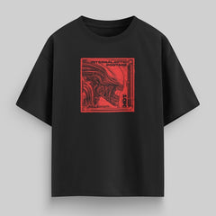 vvicked black oversized cotton t-shirt featuring a red alien stamp graphic on the chest with drop-shoulder fit