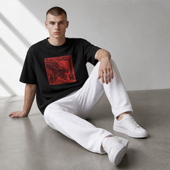 A model wearing a black vvicked oversized cotton t-shirt with a red alien stamp graphic, paired with white trousers.