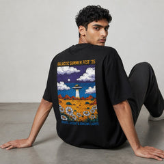 vvicked black oversized cotton t-shirt with a vibrant Galactic Summer Fest UFO graphic print on the back