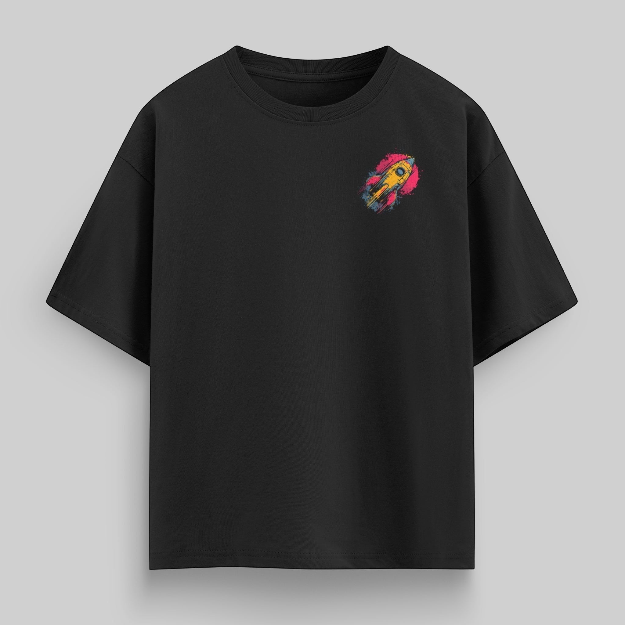 vvicked black oversized cotton t-shirt with a small yellow and pink rocket graphic on the front chest