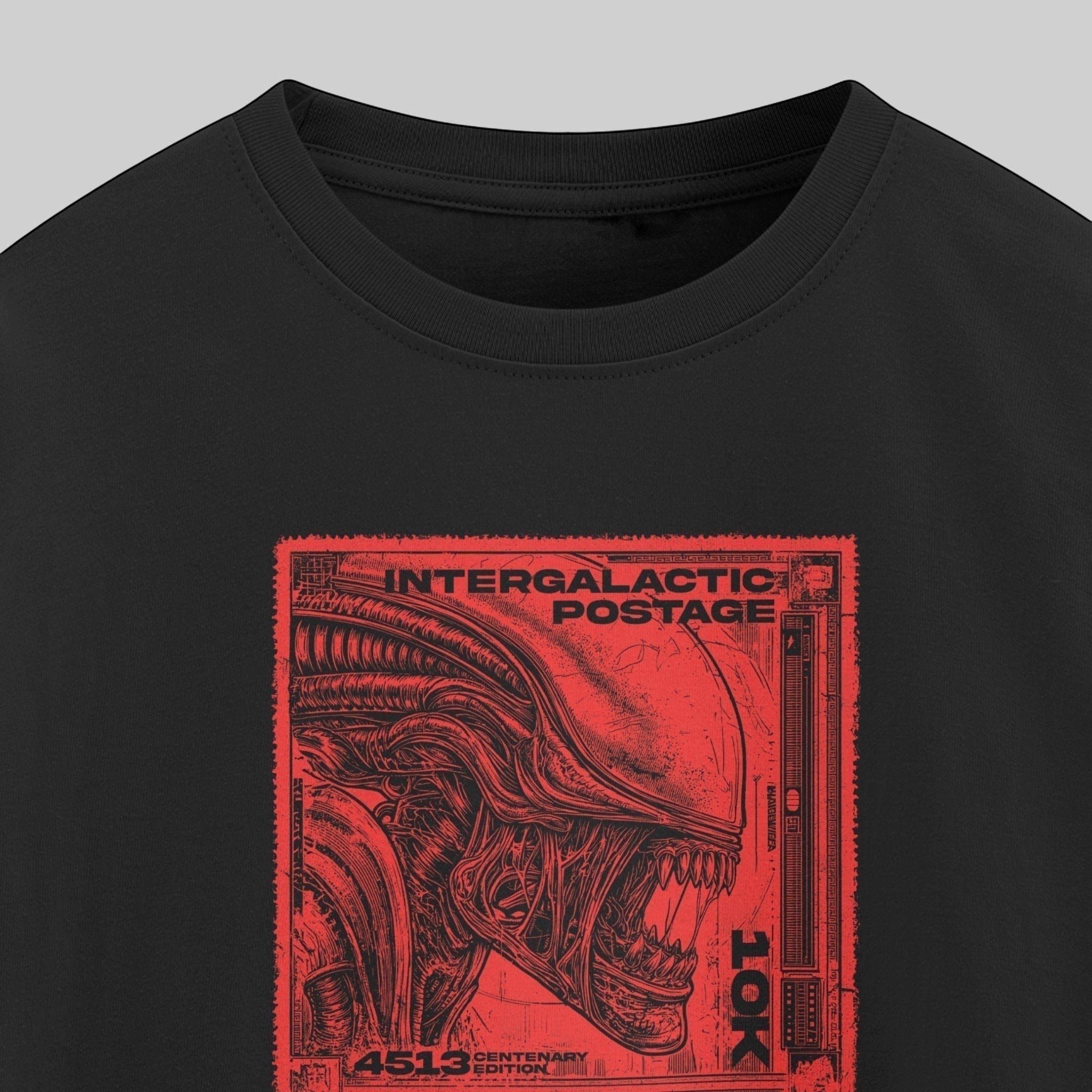 vvicked Intergalactic Postage oversized black cotton t-shirt with a red alien stamp graphic print